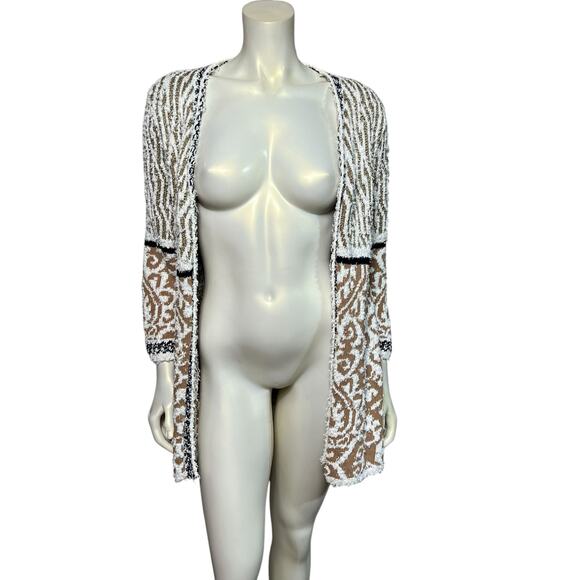 Chico's Luxury Textured Cardigan White Gold Bronze Open Front Size 2 Bouclé Knit - Picture 2 of 10